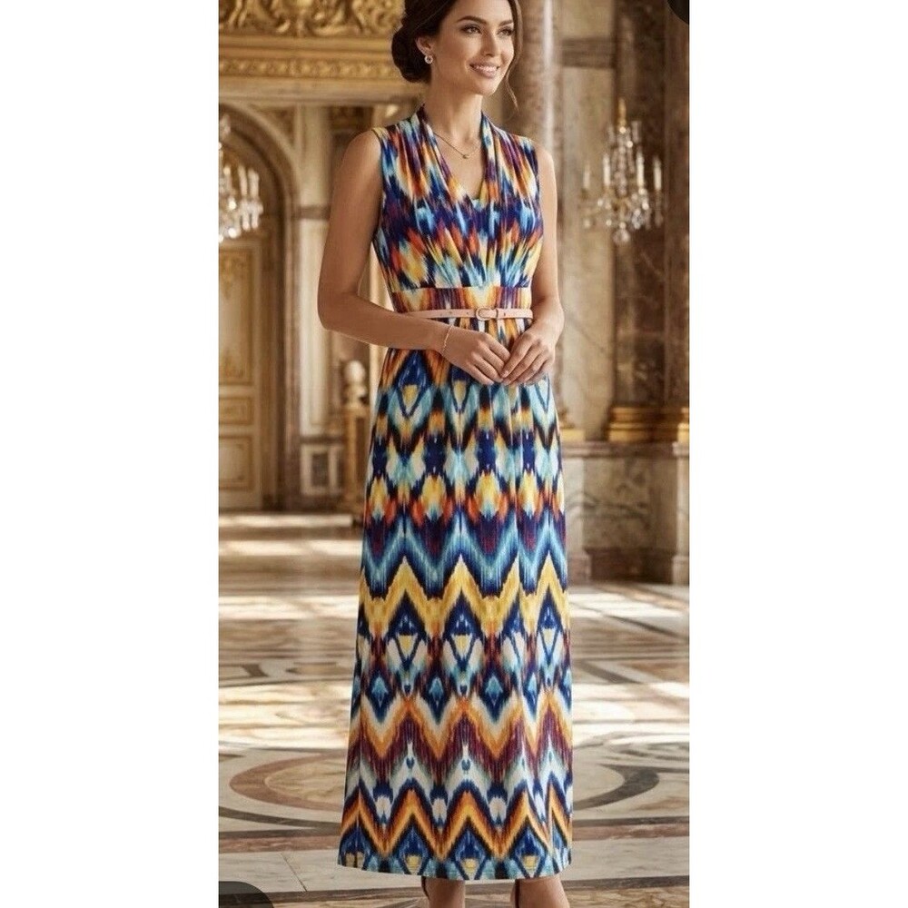 Chico's Maxi Dress Size 3 Multicolor Chevron Sleeveless V-Neck Long flame
